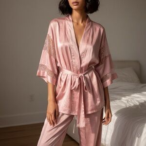 Victoria Secret XS Elegant Pink Satin Robe with Lace Trim